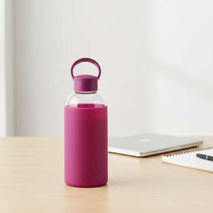 Botella de agua de vidrio azul deportiva portátil de mano de varios colores con funda de silicona - Product Image 2