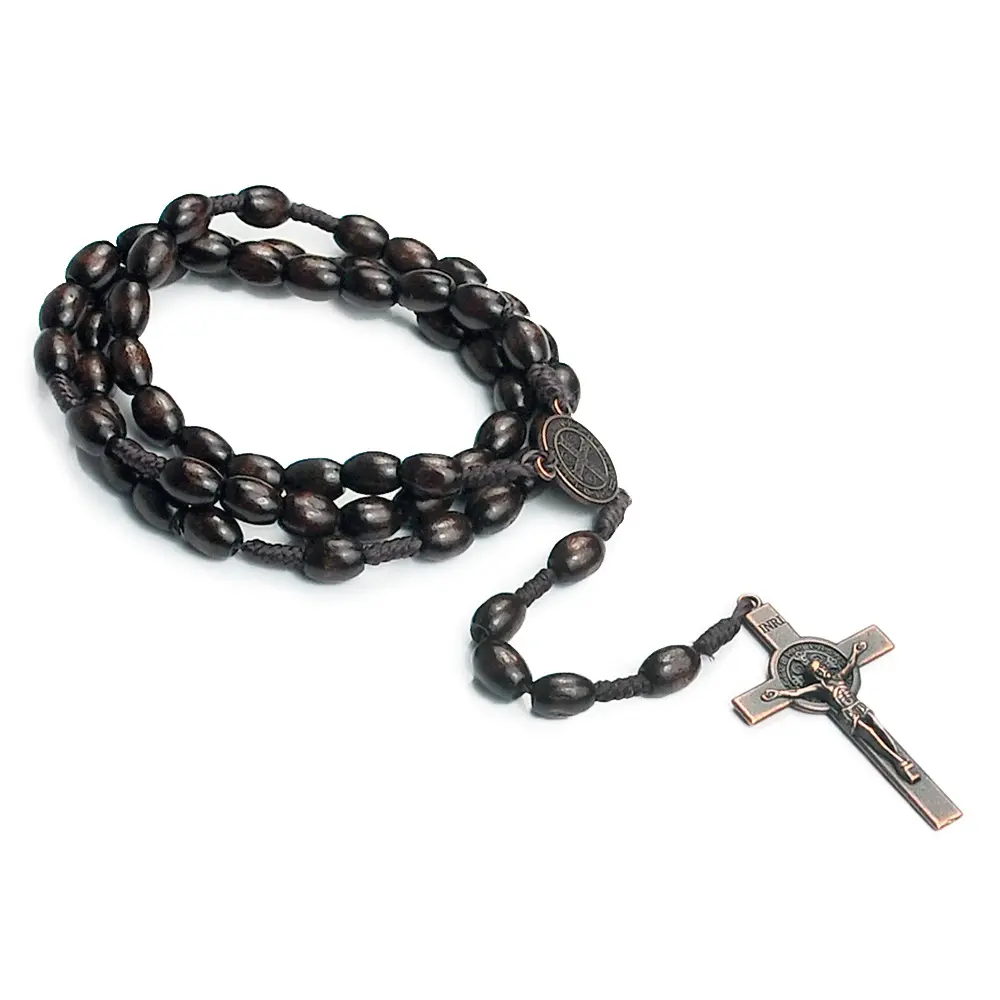 Kalung tasbih kayu buatan tangan, kalung rosario Santo Benedict medali Yesus salib agama, perhiasan rosario