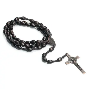 Collana rosario con perline di legno fatta a mano medaglia di san benedetto collana religiosa con croce di gesù gioielli con rosario di preghiera