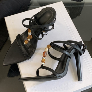 Escarpins à talons hauts pour femmes, décorés de perles porte-bonheur, à bout ouvert pointu, à bride en T, avec boucles à brides croisées, style sandales de soirée - Product Image 6