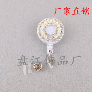 Round name badge with rhinestone and pearl embellishments, easy-pull <b>buckle</b>, retractable card holder with lanyard, easy-pull - Product Image 4