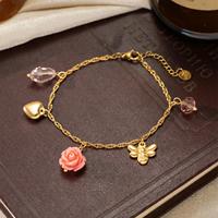 Bracelet en acier inoxydable avec motif abeille, rose et cœur, plaqué or 18K PVD, résine rose, anti-ternissement, chaîne réglable, pour femme, cadeau