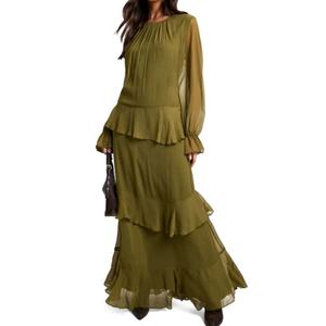 Nouvelle arrivée, robe longue à volants de style bohème pour femmes, robe d'été à manches longues, dos ouvert, robe en mousseline de soie à volants superposés, élégante - Product Image 1