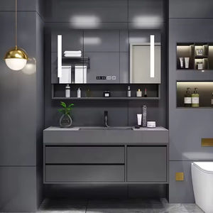 Mueble de Baño Moderno de Lujo en Negro y Gris con Luz LED, Acabado Lacado, Espejo Inteligente, Lavabo de Cerámica, Montado en la Pared - Product Image 4