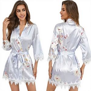 Sfy-y5128 Camisón de satén de lujo para mujer, de spandex/poliéster, estampado, con cuello en V, cierre con cordón, largo hasta la rodilla, elegante, para verano - Product Image 1