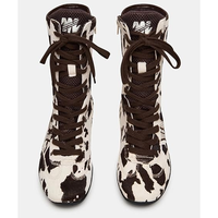 Bottes à lacets personnalisées en gros pour femmes, bottes mi-mollet à imprimé vache pour femmes, bout rond avec fermeture éclair latérale