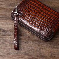 Pochette homme grand format motif crocodile, fermeture éclair double, intérieur en cuir synthétique, style décontracté