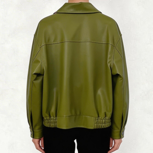 OFTBUY Nuova <span class=keywords><strong>Giacca</strong></span> Autunnale Verde in <span class=keywords><strong>Ecopelle</strong></span> da Donna, Modello Ampio a Maniche Lunghe con Orlo Elastico, Cappotto Biker Femminile in Pelle PU, Soprabito - Product Image 6