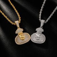 Collier pendentif sac d'argent Hip Hop en laiton micro-pavé incrusté de zircon, signe dollar pour homme, style rappeur
