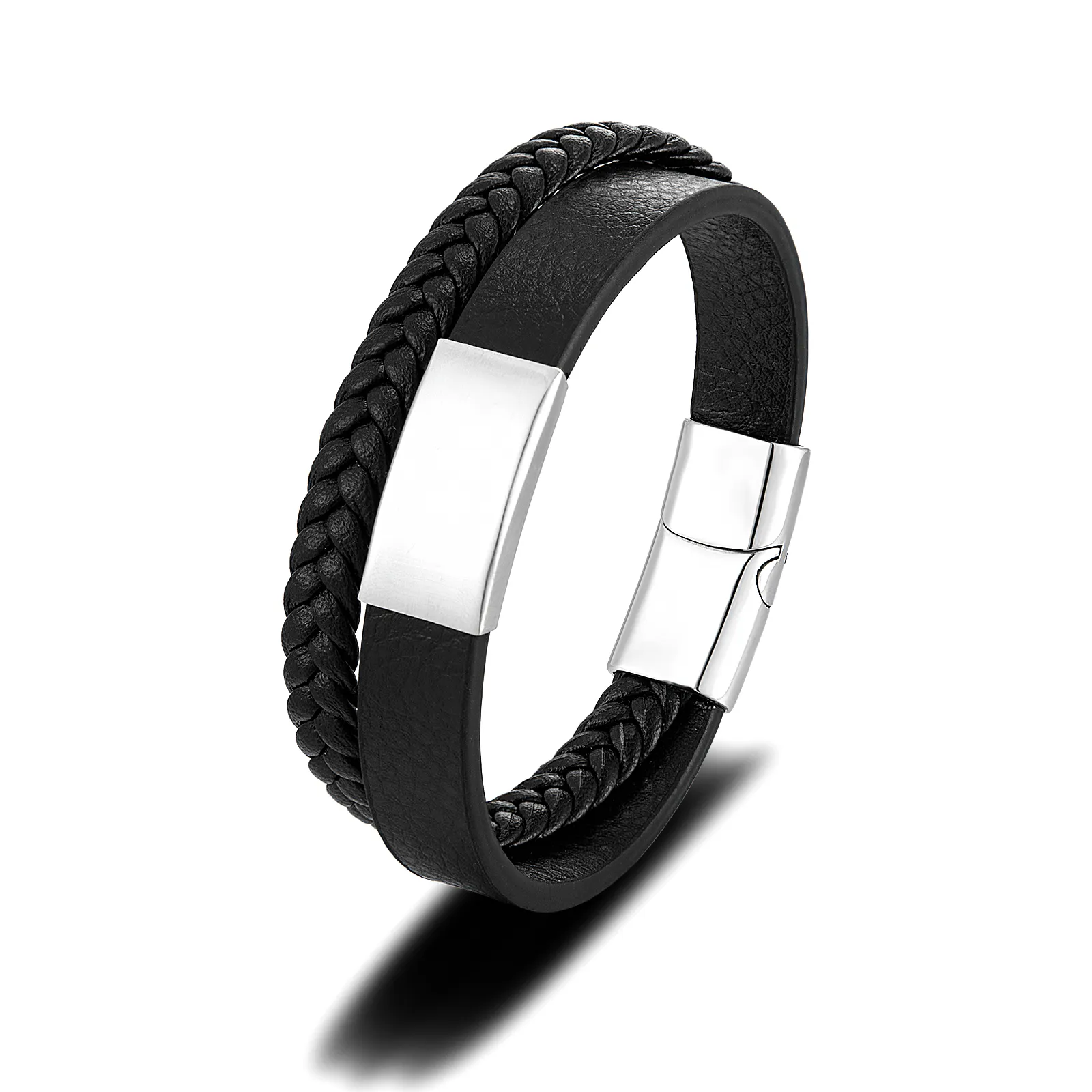 Fashion Stainless Steel Charm Magnetic Black Men's Bracelet Leather Genuine Braided Punk Rock Bangles for Men