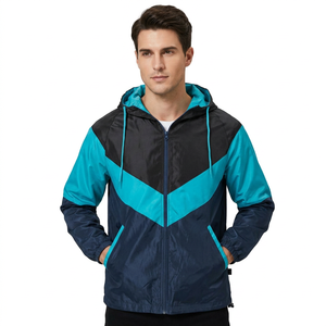 Veste coupe-vent à capuche pour homme, color-block, en polyester/nylon, pour l'automne, vêtement d'extérieur, fermeture éclair, coupe sportive classique - Product Image 1