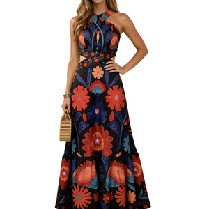 Vestido Largo Bohemio con Estampado Floral, Hombros Descubiertos, Abertura en la Cintura, Espalda Descubierta, Volantes en el Bajo, Transpirable, Ideal para Fiestas y Vacaciones de Verano - Product Image 1