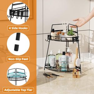 <span class=keywords><strong>Étagère</strong></span> de rangement d'angle <span class=keywords><strong>en</strong></span> métal <span class=keywords><strong>à</strong></span> 2 niveaux pour lavabo, maquillage, salle de bain, comptoir, avec 4 crochets - Product Image 4
