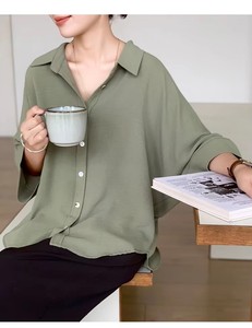 Japanese Style Plus Size Oversized Linen Lapel Blouse <strong>Women</strong> Loose Solid Color Feifei Sleeve <strong>Shirt</strong> Summer <strong>Beach</strong> Daily Wear - Product Image 1