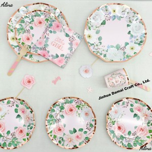 Articles de fête pour bébé fille DAMAI, vaisselle jetable rose et blanche à fleurs pour anniversaire, décoration de table, serviettes en papier, gobelets, assiettes - Product Image 5