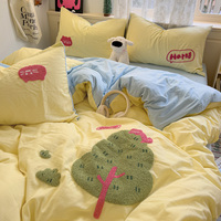 Serviette d'arbre mignon en polyester lavé-Ensemble de literie 4 pièces brodé avec housse de couette Drap de lit et taies d'oreiller