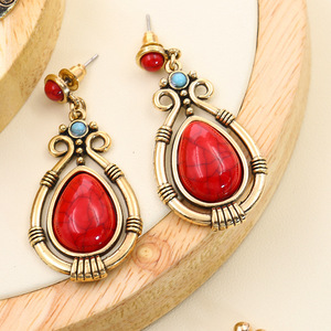 Vintage <b>Red</b> <b>Drop</b> <b>Earrings</b> Alloy Antique Gold Plated Women's Party Jewelry - Product Image 2