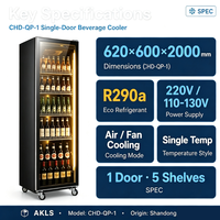 Réfrigérateur-congélateur commercial pour supermarché, 1 porte, refroidissement par air, vitrine réfrigérée, température unique
