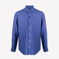 Kemeja Linen Pria Warna Navy Lengan Panjang, Ujung Bawah Melengkung, Kancing Depan, Kerah Klasik, Manset Berkancing, Ujung Bawah Melengkung, Produksi OEM