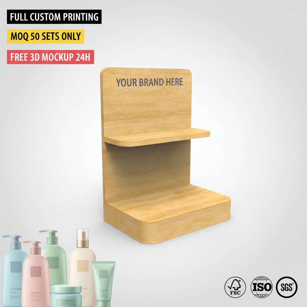 Custom Pine Shampoo Counter Holder Body Care Rack for Small Beauty Retail Store — view 1