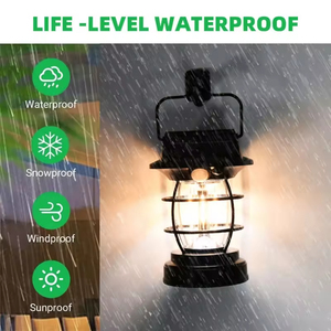 Lanterne de camping à LED solaire avec panneau solaire, étanche IP65, corps en plastique noir, lumière chaude 2700K, utilisation autonome en extérieur - Product Image 3