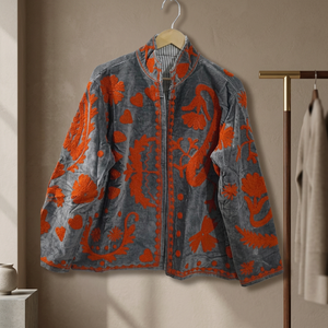 Stylish <b>Velvet</b> Mandarin Collar <b>Jacket</b> With Hand Embroidered Floral Pattern Full Sleeve Autumn Wear <b>Women's</b> Regular Length - Product Image 2