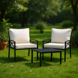 Black Steel <b>Garden</b> <b>Loveseat</b> With Cream Cushions Outdoor Furniture Set <b>For</b> Patio Decor - Product Image 2