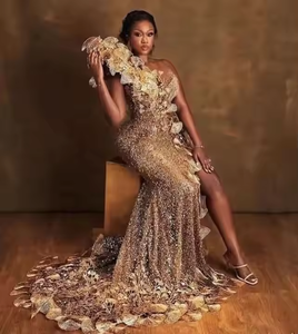 Vestidos de Fiesta Aso Ebi Dorados Personalizados de Talla Grande para Mujeres Negras, con <span class=keywords><strong>Lentejuelas</strong></span>, Encaje, Estilo Sirena, Abertura Lateral Sexy, para Cumpleaños - Product Image 2