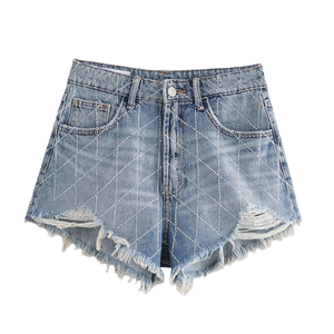Nouveaux shorts en jean pour femmes à taille haute avec franges, poche latérale zippée, style vintage brillant et décontracté - Product Image 2