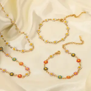 Charm 18k White Gold Stainless Steel Chain Colorful Enamel Daisy Flower Necklace&Bracelet Set for Women