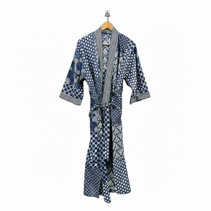 Kimono de dama de honor con estampado de bloques de algodón, bata de mujer de talla única para la temporada de primavera y verano - Product Image 1