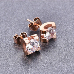 <b>Stud</b> <b>Earrings</b> Rose Gold Steel Round Zircon Claw Setting Geometric Shape Fashion Jewelry - Product Image 3
