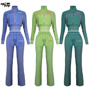 Reiß verschluss Jacke Flare Sweat Pants Frauen Waffel Thermal Langarmhemd Custom Lounge wear Waffel Strick Set 2-teiliges Set Sweat suits - Product Image 1