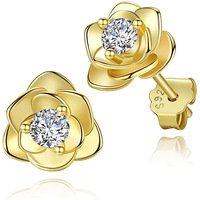 Boucles d'oreilles clous minimalistes en argent sterling 925 plaqué rhodium avec zircon cubique motif fleur rose pour femme