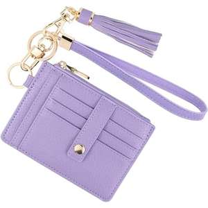 Porte-cartes femme en cuir végétalien tendance avec dragonne à pompon, porte-clés, mini portefeuille fin multi-fentes avec fenêtre d'identification et fermeture éclair, pour voyage - Product Image 3