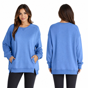 Sudadera Oversize Azul de Algodón, Unisex, Cuello Redondo, Manga Larga, Color Sólido, Informal, Transpirable, Tejida, para Otoño - Product Image 4