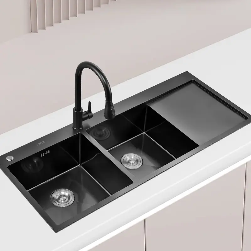 edelstahl-küchenspüle nano schwarz doppelschüssel handgefertigte küchenspüle mit abtropffläche verdickung arbeitsplatz becken spüle