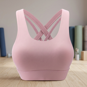 Sujetador deportivo rosa de alta sujeción con espalda cruzada para mujer, para yoga, fitness y entrenamiento, de tela elástica transpirable con logo frontal - Product Image 2