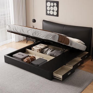 ชุดห้องนอนที่ทันสมัยเตียงหนังสีดำกรอบเตียงคู่พร้อมลิ้นชักยกแก๊ส - Product Image 1