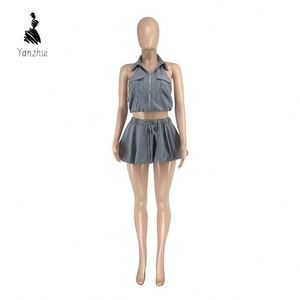 YZ 2026 Sommer Neckholder Rückenfreies Reißverschluss 2-Teiliges Club-Outfit Damen Crop Top & Bubble Skort Schicker Street-Style Passender Anzug - Product Image 4