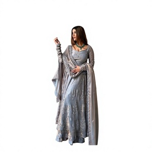 Grey Silk Embroidered Anarkali <b>Kurta</b> Set with Dupatta <b>for</b> <b>Women</b> - Product Image 1