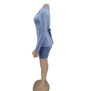 Otoño <span class=keywords><strong>cielo</strong></span> azul trajes de mujer Chaquetas con cordones de manga larga Blazer malla pantalones cortos 2 uds conjunto Sexy <span class=keywords><strong>se</strong></span>ñoras abrigo trajes de dos piezas - Product Image 4