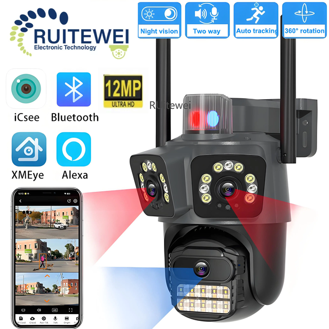 ICSee 12MP 4K WiFi Dome Camera Outdoor AI Surveillance IP66 Weatherproof Two-Way Audio Human Detection CMOS Cloud/SD Card 1 Year