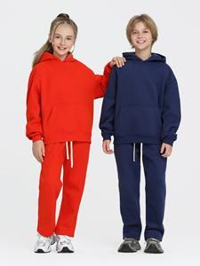 Großhandel Hochwertige Samt-Gefütterte Freizeit-Hoodie-Sets für Kinder 350g Individueller Logodruck Unisex Sweatshirt & Jogginghosen Sets - Product Image 2