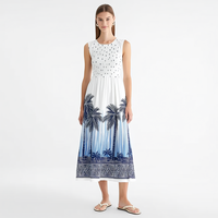 Robe midi pour femme, sans manches, col rond, corsage smocké, imprimé palmiers blancs et bleus, coupe évasée, imprimé bordure, personnalisable, vente en gros