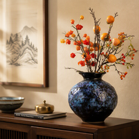 Glasierte Keramik-Tischvase Rund Handgefertigt Blumengefäß Neuer Chinesischer Stil Wohnzimmer-Dekoration