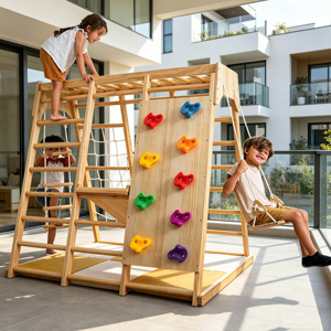 Aire de jeux intérieure Montessori, mur d'escalade multifonction en bois arc-en-ciel, barre de grimpeuse réglable pour enfants - Product Image 5