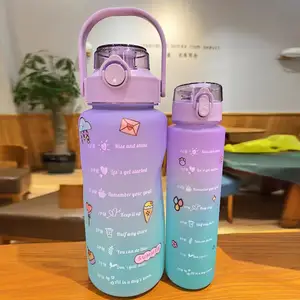 Bouteille d'eau en plastique à large bouche pour filles, sans BPA, étanche, avec marqueur de temps et paille