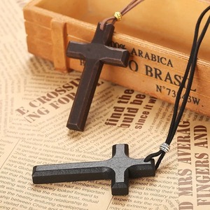 RINHOO Liontin Kayu Salib Fashion Kalung Pria dan Wanita Rantai Sweater Hitam Coklat Tali Perhiasan Netral Religius Hadiah - Product Image 2