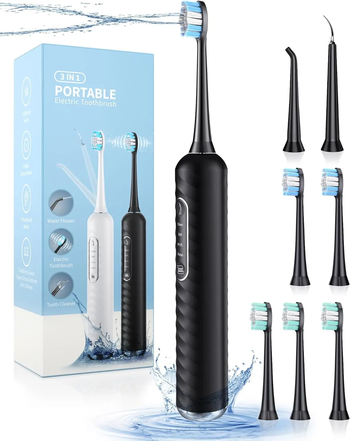 Brosse à dents électrique portable avec hydropulseur, kit de nettoyage des dents 3 en 1 avec 4 modes, brosse à dents électrique et hydropulseur Combo